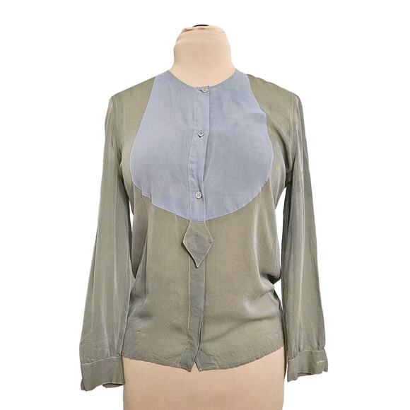 Giorgio Armani Blouse Womens Green Semi Sheer Colorblock Two-Toned Button Front - Picture 1 of 13
